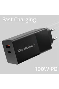 Obrázok pre Qoltec 52382 Nabíječka GaN POWER PRO | 1xUSB typ C | 1xUSB A | 100W | 5-20V | 1,5-5A | PD | Černá