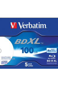 Verbatim BD-R XL, 100 GB*, 4x, se širokou plochou pro potisk inkoustem, balení po 5 discích (Jewel Case) Obrázok pre Verbatim BD-R XL, 100 GB*, 4x, se širokou plochou pro potisk inkoustem, balení po 5 discích (Jewel Case)