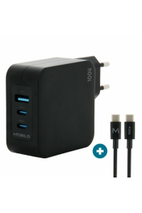 Mobilis Charger 100W 2USB C 1USBA GaN cable 100W Laptop, Chytrý telefon, Tablet Černá AC Vnitřní Obrázok pre Mobilis Charger 100W 2USB C 1USBA GaN cable 100W Laptop, Chytrý telefon, Tablet Černá AC Vnitřní