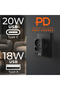 Proudová zásuvka Maclean x2 + 4xUSB, rozbočovač se 2 zásuvkami, 2xUSB A, 2xUSB C PD 20W, 1x16A + 1x6A, MCE249 F/B Obrázok pre Proudová zásuvka Maclean x2 + 4xUSB, rozbočovač se 2 zásuvkami, 2xUSB A, 2xUSB C PD 20W, 1x16A + 1x6A, MCE249 F/B