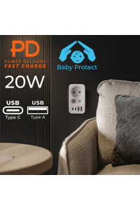 Proudová zásuvka Maclean x2 + 4xUSB, rozbočovač se 2 zásuvkami, 2xUSB A, 2xUSB C PD 20W, 1x16A + 1x6A, MCE249 F/W Obrázok pre Proudová zásuvka Maclean x2 + 4xUSB, rozbočovač se 2 zásuvkami, 2xUSB A, 2xUSB C PD 20W, 1x16A + 1x6A, MCE249 F/W