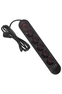 Obrázok pre Napájecí lišta Maclean, prodlužovací kabel s 5 zásuvkami + 3xUSB, 110-240V AC 50/60Hz, 2,1A max. 2500W, 1,5 m, černá, MCE395 B