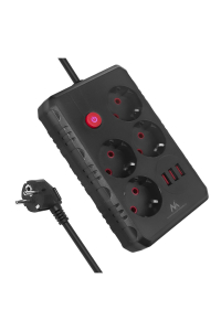 Obrázok pre Napájecí lišta Maclean, prodlužovací kabel se 4 zásuvkami + 3xUSB, 110-240V AC 50/60Hz, 2,1A max. 2500W, 1,5 m, černá, MCE392 B