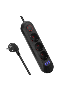 Obrázok pre Napájecí lišta Maclean, 3zásuvkový prodlužovací kabel + 3xUSB, 110-240V AC 50/60Hz, 2,1A max. 2500W, 1,5 m, černá, MCE394 B
