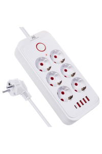 Obrázok pre Napájecí lišta Maclean, 6zásuvkový prodlužovací kabel + 4xUSB, 110-240V AC 50/60Hz, 2,1A max. 2500W, 1,5 m, bílá, MCE389 W