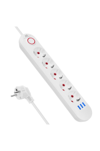 Obrázok pre Napájecí lišta Maclean, prodlužovací kabel s 5 zásuvkami + 3xUSB, 110-240V AC 50/60Hz, 2,1A max. 2500W, 1,5 m, bílá, MCE395 W