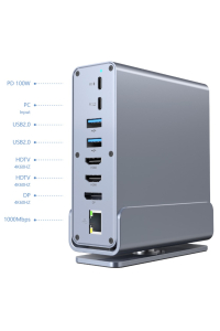 Obrázok pre Gembird A-CF-COMBO15-01 USB Type-CF 15v1 multiportový adaptér (USB hub AF-porty v.2x2 + v.3x3, Type-CF + HDMIx2 + DisplayPort + PD + čtečka karet + GigaLAN + 3,5mm audio), šedý