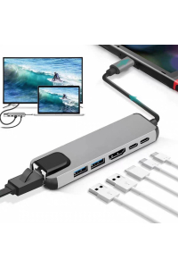 Obrázok pre Gembird A-CM-COMBO5-06 Víceportový adaptér USB typu C 6 v 1 (hub AF a typu C + HDMI + PD+LAN)