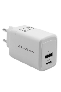 Qoltec 51825 Nabíječka GaN 45W | 5–20 V | 1,5–3 A | 1 x USB-C PD | 1 x USB QC 3.0 | Bílá Obrázok pre Qoltec 51825 Nabíječka GaN 45W | 5–20 V | 1,5–3 A | 1 x USB-C PD | 1 x USB QC 3.0 | Bílá