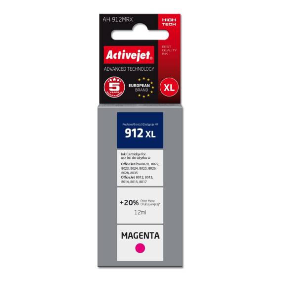 Obrázok pre Activejet AH-912MRX inkoust pro tiskárny HP, Náhradní inkoust HP 912XL 3YL82AE; Premium; 990 stran; fialový