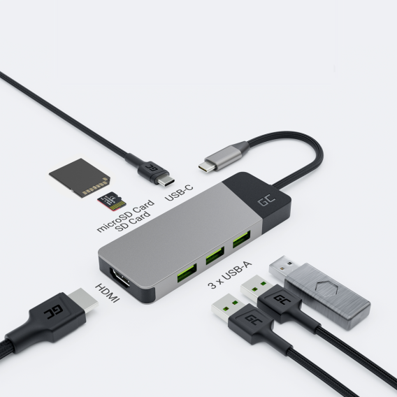 Obrázok pre GREEN CELL HUB USB-C ADAPTER GC CONNECT 7W1 (3XUSB 3.1, HDMI 4K 60HZ, USB-C PD 85W, MICROSD/SD)