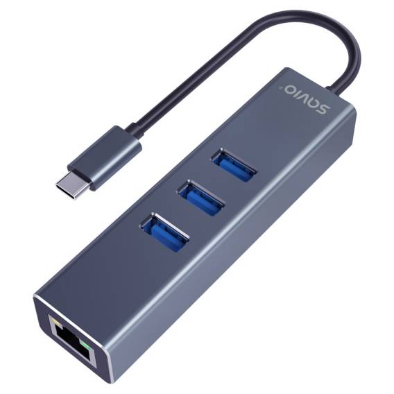 Obrázok pre Savio AK-57 USB-C - 3 x USB-A HUB s adaptérem RJ-45 Gigabit Ethernet, 5000 Mbit/s, šedý