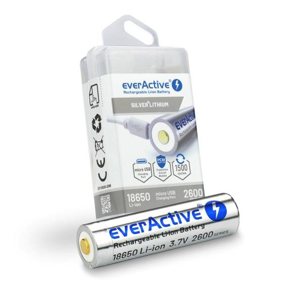 Obrázok pre Baterie everActive 18650 3,7V Li-ion 2600mAh micro USB s ochranným BOXEM