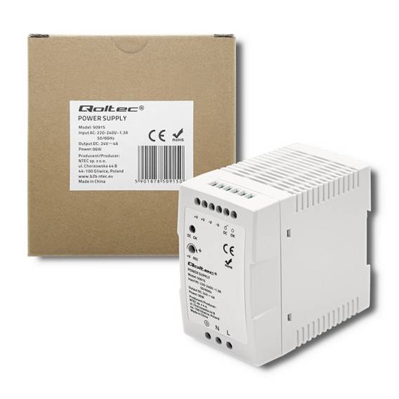 Obrázok pre Qoltec 50915 Napájecí zdroj na DIN lištu | 96W | 24V | 4A | Bílá | Štíhlý