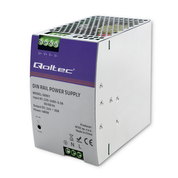 Obrázok pre Qoltec 50901 Průmyslový napájecí zdroj na DIN lištu | 480W | 24V | 20A