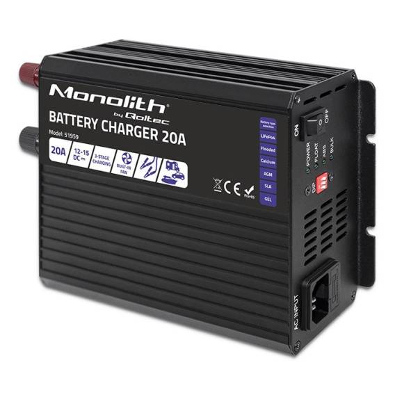 Obrázok pre Qoltec 51959 Chytrá nabíječka Monolith pro LiFePO4 AGM GEL SLA baterie | 20A | 12V