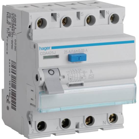 Obrázok pre CDA425J 25A/ 30MA/A DIFFERENTIAL CIRCUIT BREAKER 25A 4P 4M 30MA A 6KA