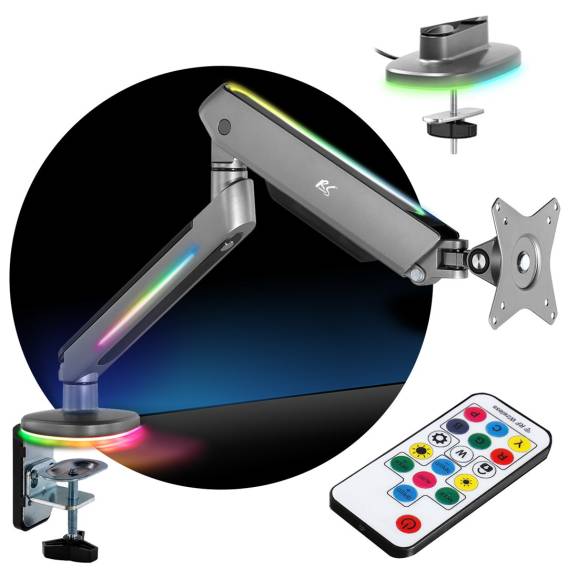 Obrázok pre Držák herního monitoru 17-32" s osvětlením RGB LED Držák na stůl Výškově nastavitelný Otočný Naklápěcí Max. 9 kg VESA 75x75 / 100x100