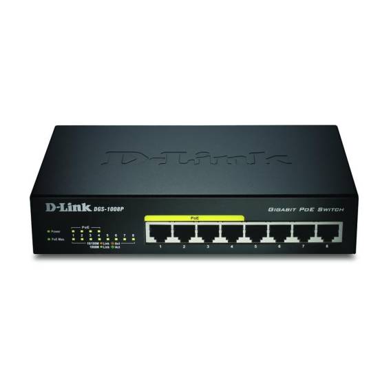Obrázok pre D-Link DGS-1008P/E síťový přepínač Nespravované L2 Gigabit Ethernet (10/100/1000) Podpora napájení po Ethernetu (PoE) Desktop Černá