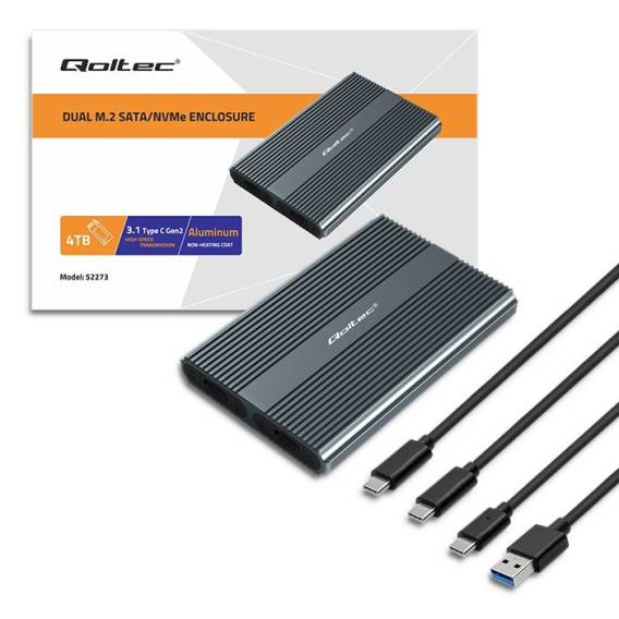 Obrázok pre Qoltec 52273 Kryt pro disk M.2 SSD | SATA | NVMe | USB-C | DUAL 2 x 2 TB