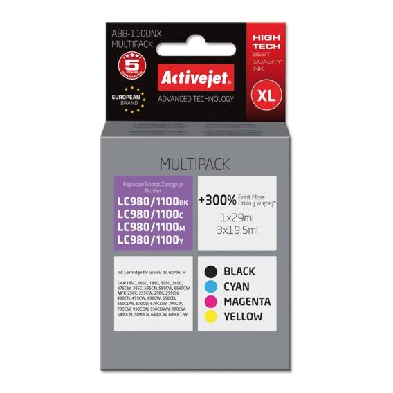 Obrázok pre Activejet Ink ABB-1100NX (náhradní inkoust Brother LC1100/980; Supreme; 1 x 29 ml, 3 x 19,5 ml; černý, červený, modrý, žlutý)