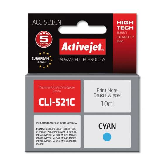 Obrázok pre Activejet Inkoust ACC-521CN (náhradní inkoust Canon CLI-521C; Supreme; 10 ml; modrý)