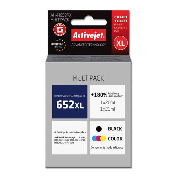 Obrázok pre Activejet AH-M652RX (náhradní inkoust HP 652 F6V25AE/F6V24AE; Premium; 1 x 20 ml, 1 x 21 ml; černý, barevný)
