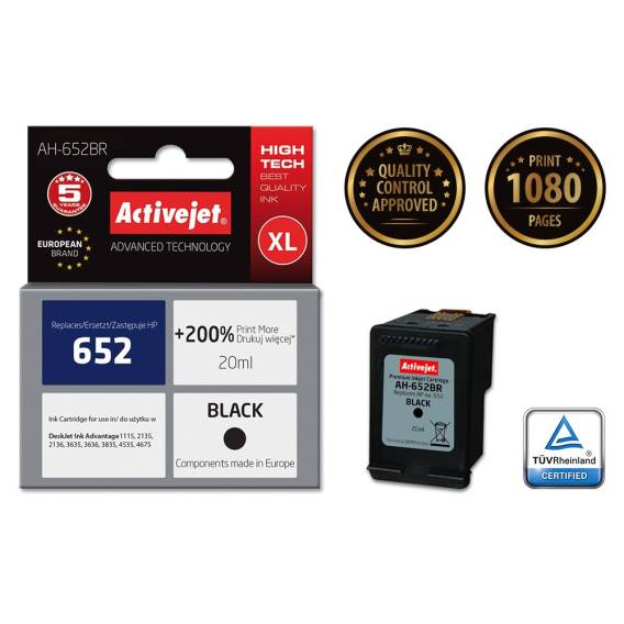 Obrázok pre Activejet AH-652BR Inkoust (náhrada za HP 652 F6V25AE; Premium; 20 ml; černý)