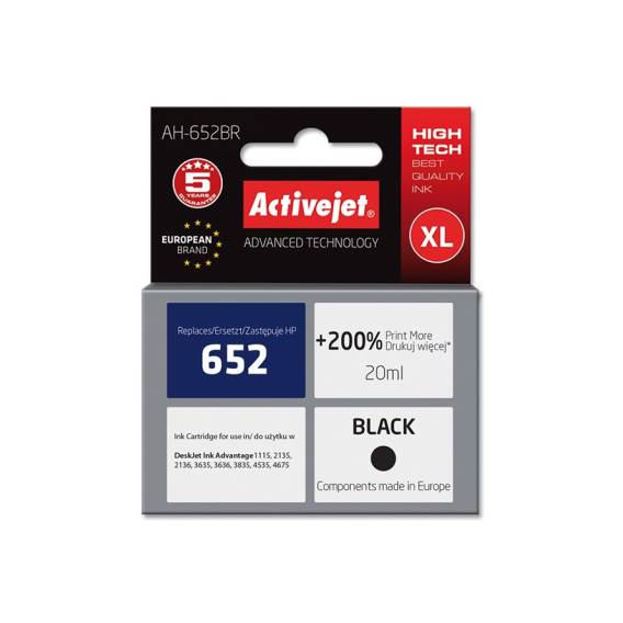 Obrázok pre Activejet AH-652BR Inkoust (náhrada za HP 652 F6V25AE; Premium; 20 ml; černý)