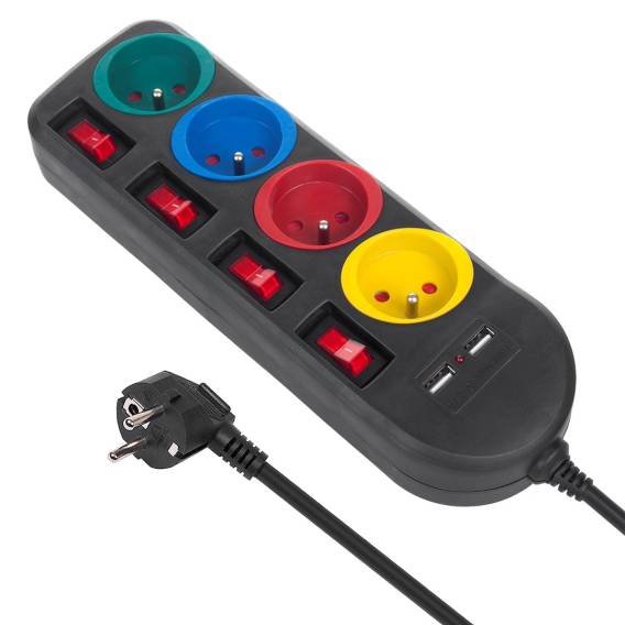 Obrázok pre Napájecí lišta Maclean, prodlužovací kabel se 4 zásuvkami + 2xUSB, s přepínači, 250VAC/10A, 2,1A 5V, 1,5 m, černá, MCE229 B