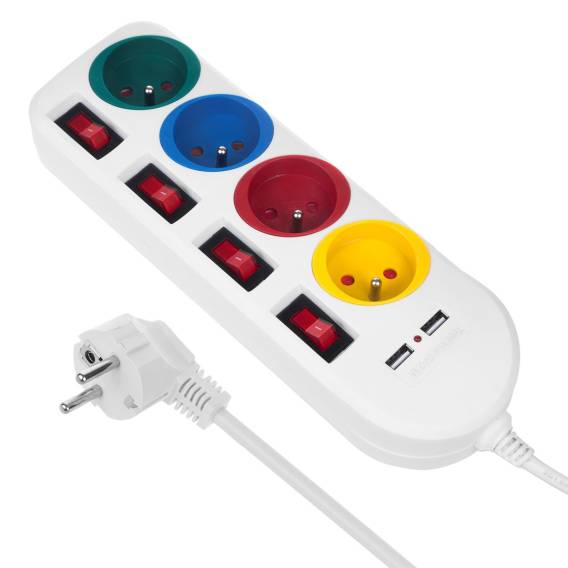 Obrázok pre Napájecí lišta Maclean, prodlužovací kabel se 4 zásuvkami + 2xUSB, s přepínači, 250VAC/10A, 2,1A 5V, 1,5 m, bílá, MCE229 W