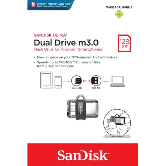 Obrázok pre SanDisk Ultra Dual m3.0 USB paměť 128 GB USB Type-A / Micro-USB 3.2 Gen 1 (3.1 Gen 1) Černá, Stříbrná, Průhledná