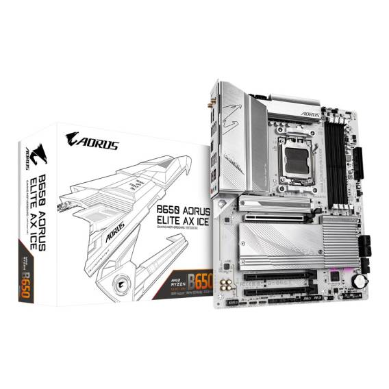 Obrázok pre Gigabyte B650 AORUS ELITE AX ICE Motherboard - Supports AMD Ryzen 8000 CPUs, 12+2+2 Phases Digital VRM, up to 8000MHz DDR5 (OC), 1xPCIe 5.0 + 2xPCIe 4.0 M.2, Wi-Fi 6E, 2.5GbE LAN, USB 3.2 Gen 2