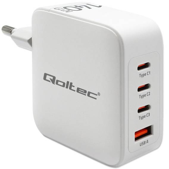 Obrázok pre Qoltec 51828 Nabíječka GaN 140W | 5–20 V | 2,5–5 A | 3× USB-C PD | 1× USB QC 3.0
