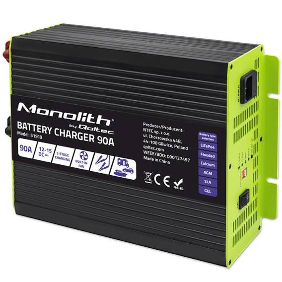 Obrázok pre Qoltec 51919 Chytrá nabíječka Monolith pro LiFePO4 AGM GEL SLA baterie | 90A | 12V | Rychlé nabíjení