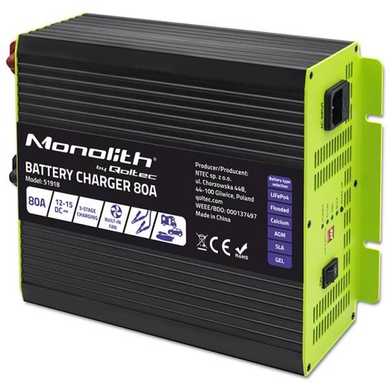Obrázok pre Qoltec 51918 Chytrá nabíječka Monolith pro LiFePO4 AGM GEL SLA baterie | 80A | 12V