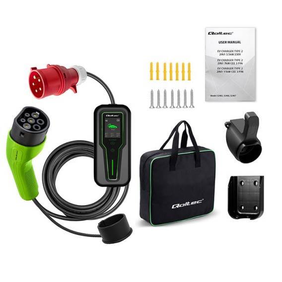 Obrázok pre Qoltec 52466 Mobilní nabíječka pro elektromobily s regulací 2 v 1 typ 2 | 7 kW | 230 V | CEE 3 PIN | LCD | Přenosná | Wallbox | 5 m