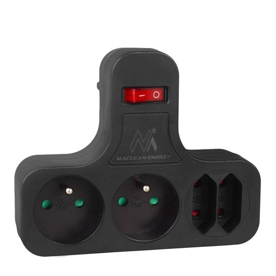 Obrázok pre Zásuvka Maclean, čtyřnásobná s vypínačem, stabilizační nožička, typ E, 2x2,5A, 2x16A, MCE224 E/B