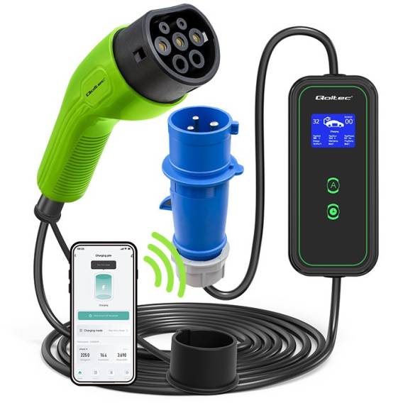 Obrázok pre Qoltec 52477 Mobilní nabíječka EV s nastavitelným 2v1 Type2 | 7 kW | 230V | CEE 3 PIN | Wi-fi | LCD | Přenosný | Wallbox | 5m