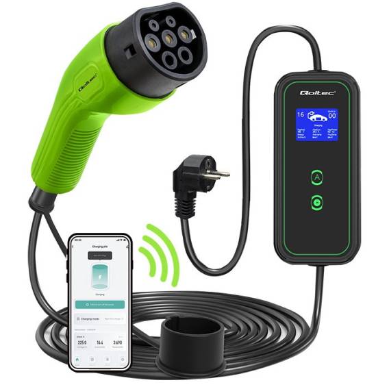 Obrázok pre Qoltec 52476 Mobilní nabíječka EV s nastavitelným 2v1 Type2 | 3.5kW | 230V | Wi-fi | LCD | Přenosný | Wallbox | 5m