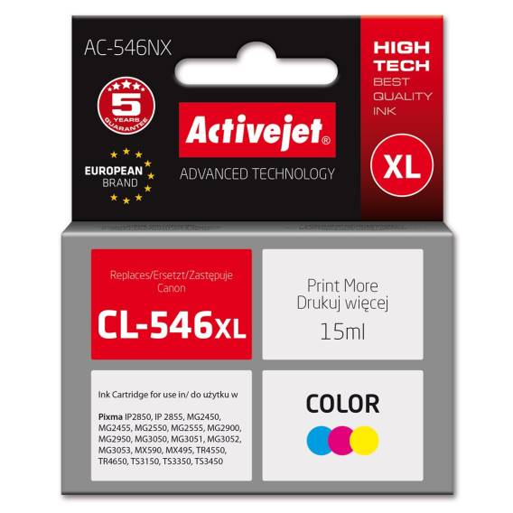 Obrázok pre Activejet AC-546NX Tiskový inkoust pro Canon, náhrada Canon CL-546XL; Supreme; 15 ml; barevný, azurový, purpurový, žlutý