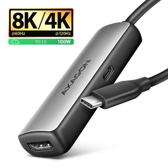 Obrázok pre Axagon RVC-HI8KPD, USB-C -> HDMI 2.1 redukce / adaptér, 8K/60Hz, 4K/144Hz, HDR10+, PD100W 0,16 m USB typu C HDMI + USB Type-C