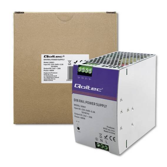 Obrázok pre Qoltec 50901 Průmyslový napájecí zdroj na DIN lištu | 480 W | 24 V | 20 A