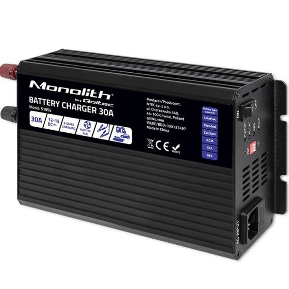 Obrázok pre Qoltec 51955 Chytrá nabíječka Monolith pro LiFePO4 AGM GEL SLA baterie | 30A | 12V