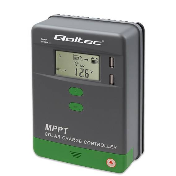Obrázok pre Qoltec 53663 Solární regulátor nabíjení MPPT s teplotním čidlem 40A | 12V / 24V | LCD | 2 x USB