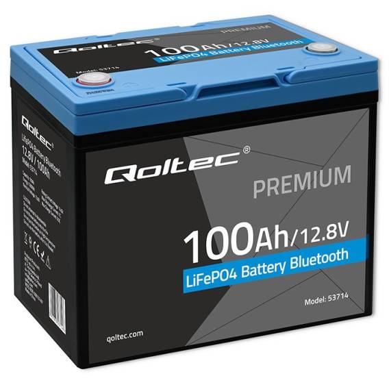Obrázok pre Qoltec 53714 LiFePO4 lithium-železitý fosfátový akumulátor | 12,8 V | 100 Ah | 1280 Wh | Bluetooth | BMS