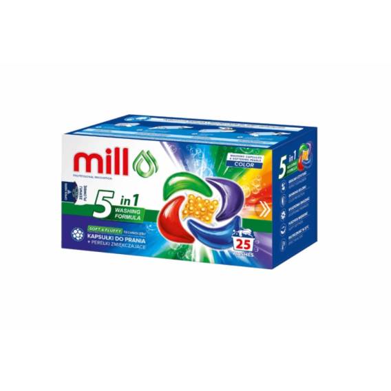 Obrázok pre MILL PRO Kapsle 5k na praní + změkčující perličky COLOR 25 ks (hromadné balení 8 ks)
