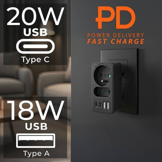 Obrázok pre Proudová zásuvka Maclean x2 + 4xUSB, rozbočovač se 2 zásuvkami, 2xUSB A, 2xUSB C PD 20W, 1x16A + 1x6A, MCE249 F/B