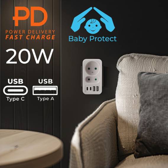 Obrázok pre Proudová zásuvka Maclean x2 + 4xUSB, rozbočovač se 2 zásuvkami, 2xUSB A, 2xUSB C PD 20W, 1x16A + 1x6A, MCE249 F/W