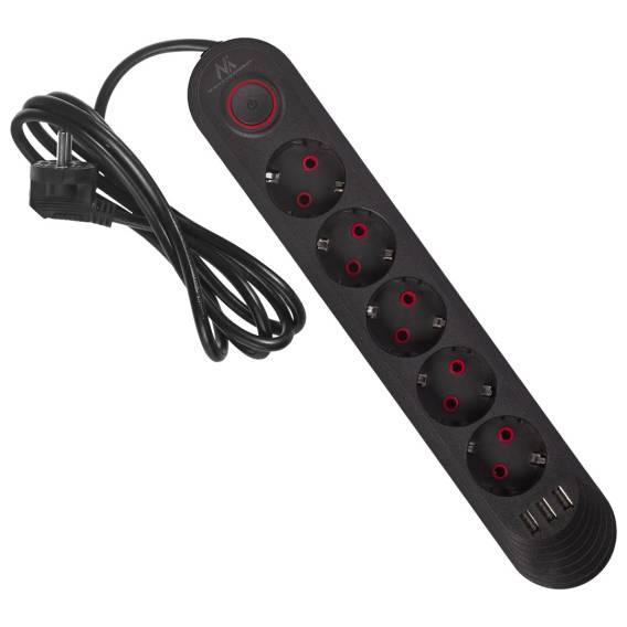 Obrázok pre Napájecí lišta Maclean, prodlužovací kabel s 5 zásuvkami + 3xUSB, 110-240V AC 50/60Hz, 2,1A max. 2500W, 1,5 m, černá, MCE395 B